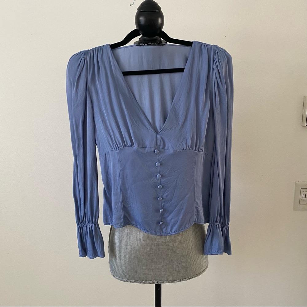 Periwinkle long sleeve satin blouse
